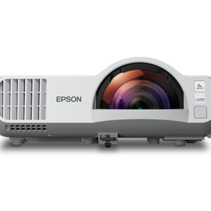 Front view of a white Epson projector with a large central lens and side ventilation grilles