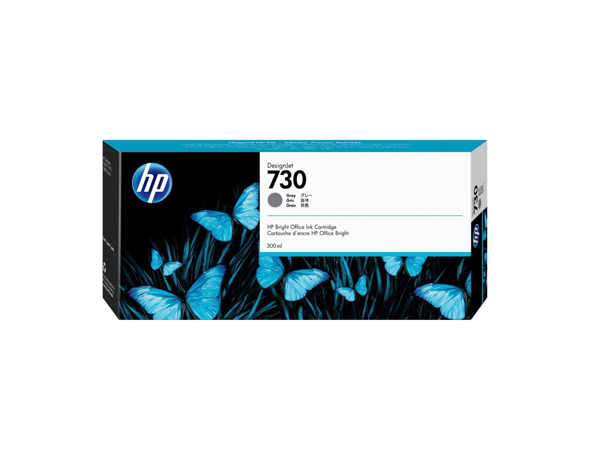 JFM Technology Hp designjet 730 ink cartridge box with blue butterfly artwork on a black panel and white label on top edge edge of packaging 300 ml text visible