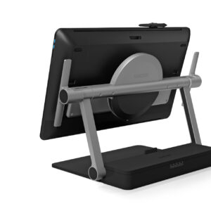 JFM Technology Back view of a wacom graphics tablet on a gray adjustable stand with a stylus resting on top edge