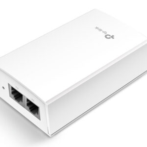 White poe injector with two ethernet ports labeled poe and lan on a white enclosure