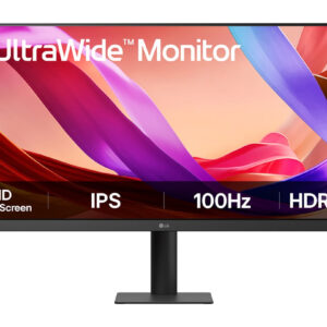 JFM Technology Lg ultrawide monitor on a stand showing wfhd bezel less screen ips panel 100 hz hdr 400