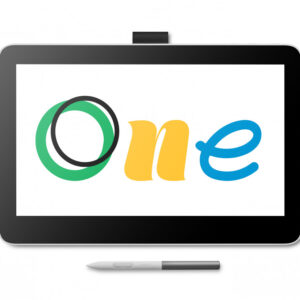 Drawing tablet with a stylus below screen shows the colorful one logo in green yellow and blue