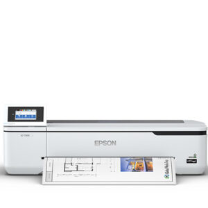 JFM Technology Epson printer with a control panel on the left printing a sheet thats emerging from the output tray