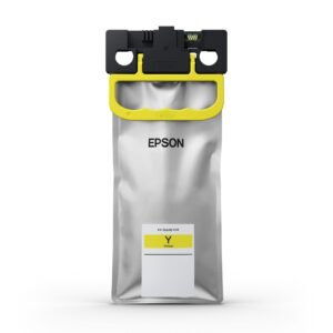 Epson ink supply unit with a bright yellow top handle and black plastic connector gray bag below