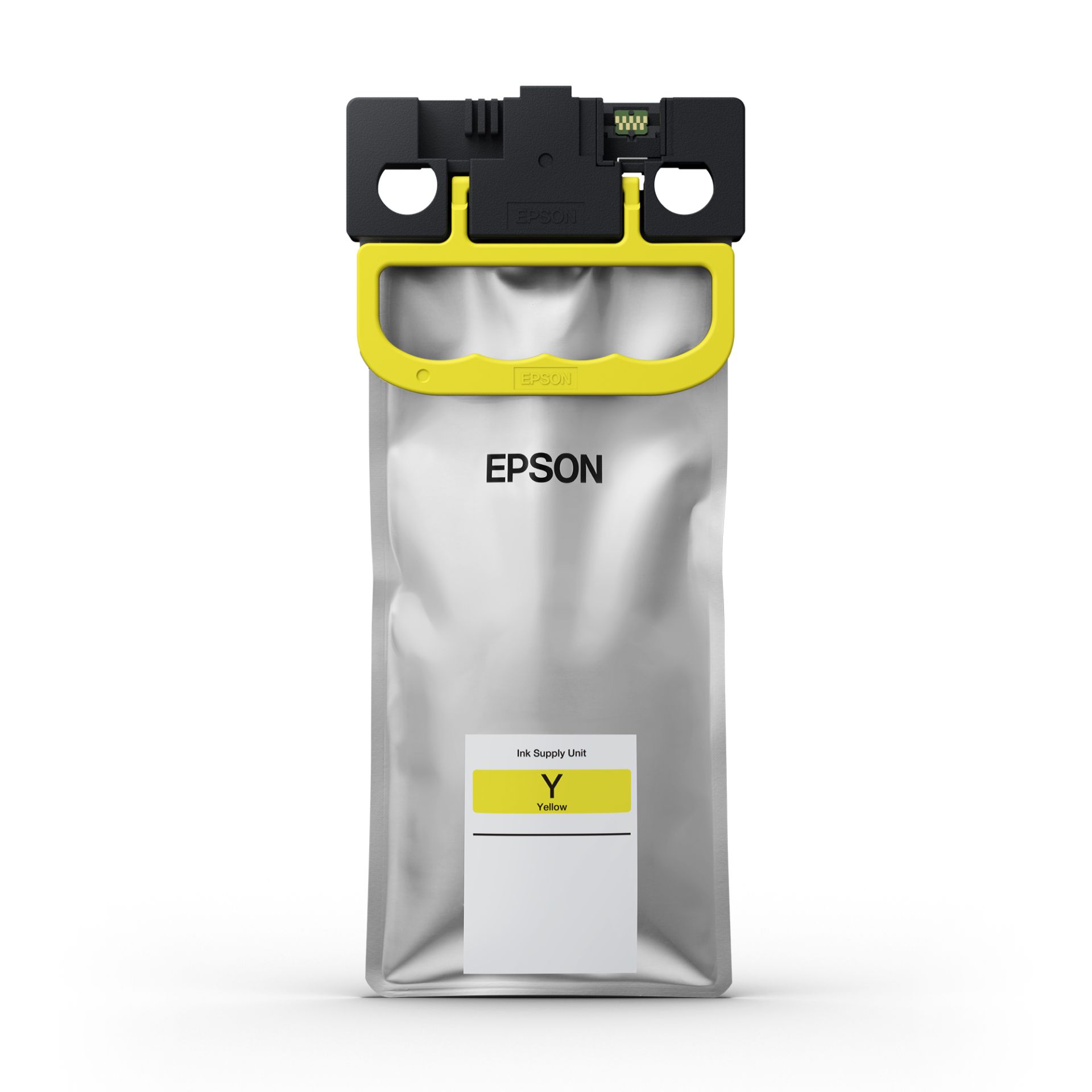 JFM Technology Epson ink supply unit with a bright yellow top handle and black plastic connector gray bag below