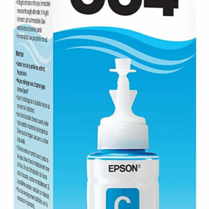 Epson 664 cyan ink bottle in ecotank packaging with blue waves and brand logo on the box