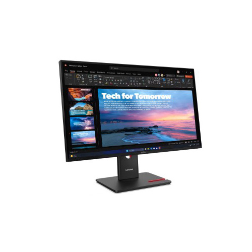 JFM Technology Lenovo widescreen monitor on a stand displaying a PowerPoint presentation titled Tech for Tomorrow with slide thumbnails on the left