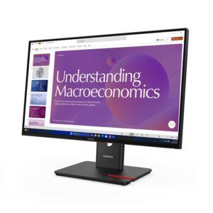 Lenovo monitor on a stand showing a purple slide titled Understanding Macroeconomics with a thumbnail sidebar of slides