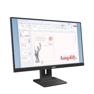JFM Technology ThinkVision monitor displaying a PowerPoint presentation titled Amplify with slide thumbnails on the left