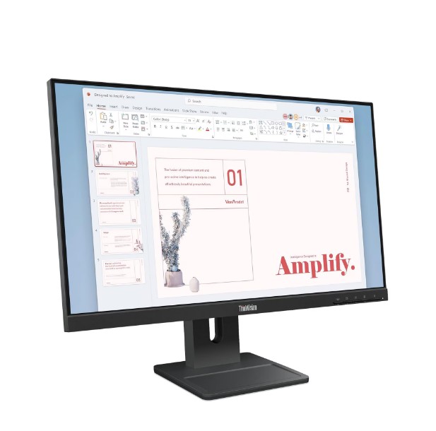 JFM Technology Thinkvision monitor displaying a powerpoint presentation titled amplify with slide thumbnails on the left