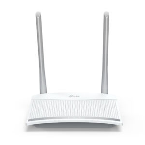 White tp link wifi router with two tall external antennas seen from the front