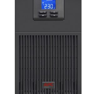 Apc ups with blue lcd display and front control buttons on a tall vented black cabinet