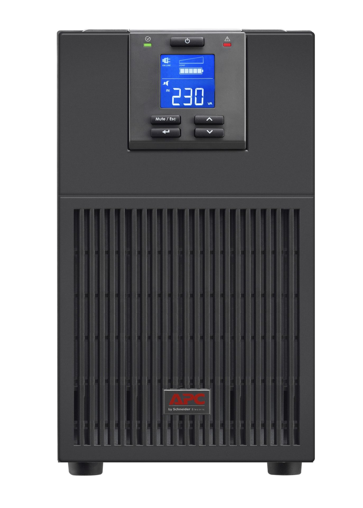 JFM Technology APC UPS with blue LCD display and front control buttons on a tall vented black cabinet