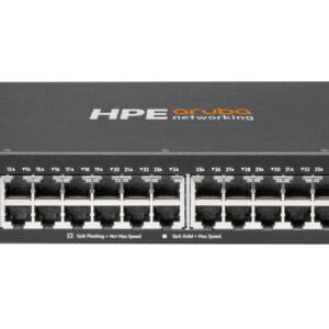 Front of an hpe aruba networking switch with numerous rj 45 ports and status leds