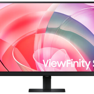 Samsung viewfinity s7 monitor on a stand displaying pink abstract wallpaper