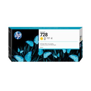 JFM Technology Hp 728 yellow ink cartridge box with blue butterfly artwork on a black background
