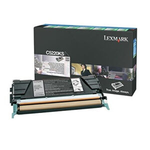 Lexmark C5220KS toner cartridge with its black packaging box in the background on a white backdrop