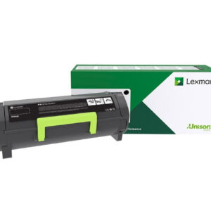 Lexmark toner cartridge with green accents beside its white and green packaging box
