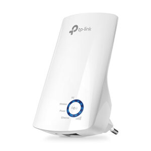 JFM Technology White TP Link WiFi range extender plugged into the wall featuring a blue circular status LED ring and minimal indicators