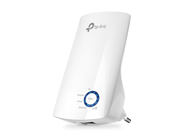 JFM Technology White tp link wifi range extender plugged into the wall featuring a blue circular status led ring and minimal indicators