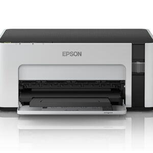 Front view of a white Epson printer with the paper tray extended and the output slot open