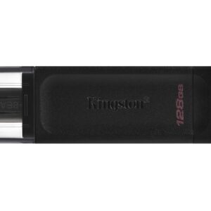 Black Kingston USB flash drive with a clear plastic cap on the left lying horizontally