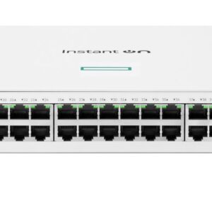 Front view of a Cisco Instant On Switch Series 1830 network switch with multiple Ethernet ports and green status LEDs on each port area