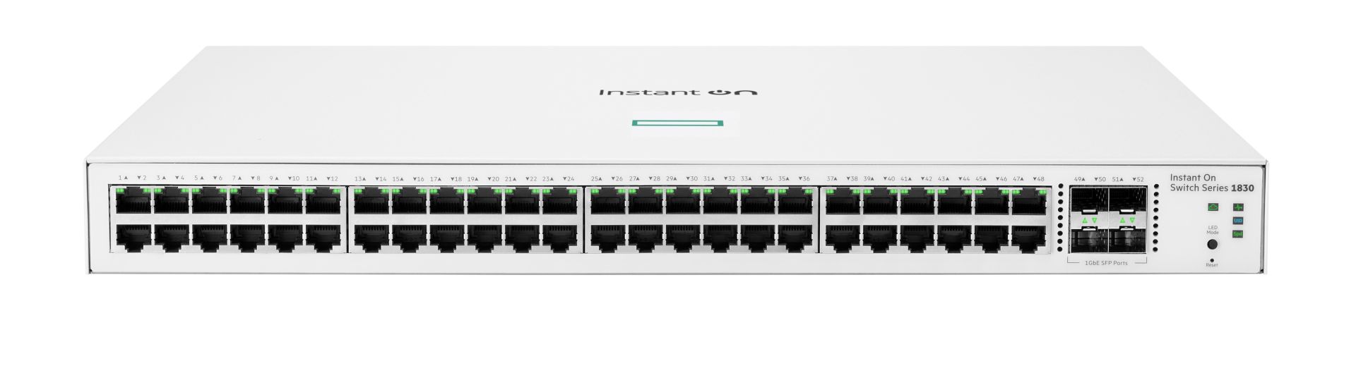 JFM Technology Front view of a cisco instant on switch series 1830 network switch with multiple ethernet ports and green status leds on each port area