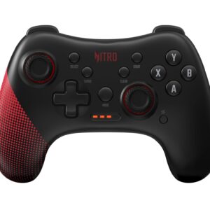 Close up of a black game controller with red accents and MITRO logo showing left analog stick D pad and XYBA buttons on the right
