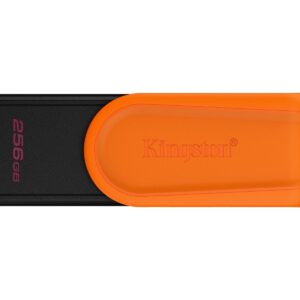 Kingston USB flash drive with an orange cap over a black body 256GB capacity labeled along the side