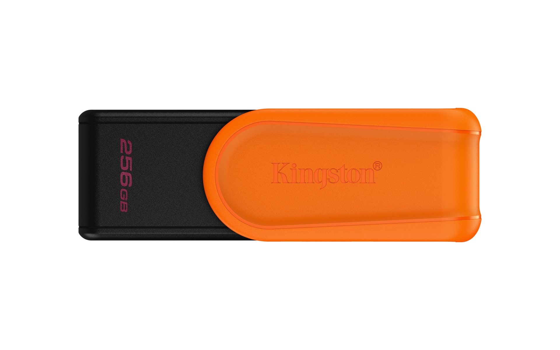 JFM Technology Kingston usb flash drive with an orange cap over a black body 256gb capacity labeled along the side