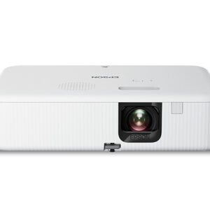 White epson projector facing forward lens centered on the front panel with subtle vents along the side