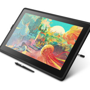 JFM Technology Wacom drawing tablet angled on a surface with a colorful fantasy illustration on the screen and a stylus nearby