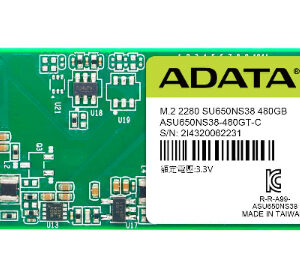 Green ADATA M2 SSD 2280 with a yellow label showing ADATA branding mounted on a green PCB with a gold edge connector on the left