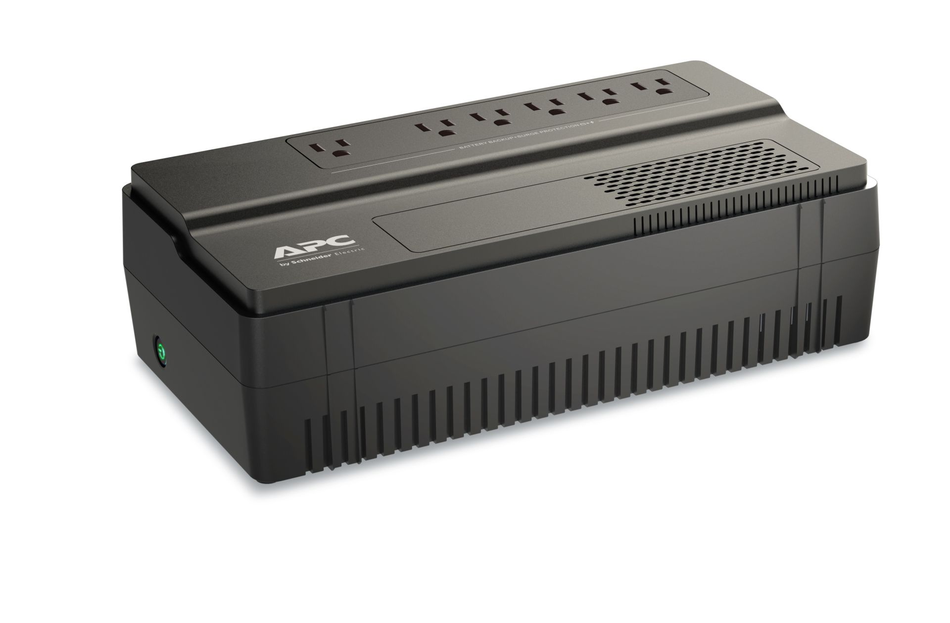 JFM Technology APC uninterruptible power supply UPS battery backup in black with ventilation slots and power button on the front corner