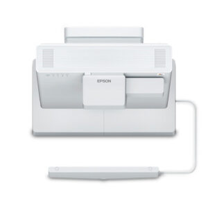 JFM Technology Front view of a white Epson all in one printer with paper tray open and a connected cord on a white background desk setup image