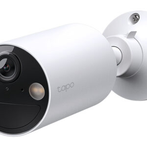White cylindrical security camera with a black front visible lens and two sensors mounted on a wall plate tapo branding