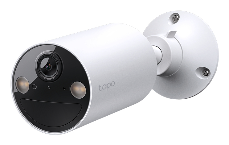 JFM Technology White cylindrical security camera with a black front visible lens and two sensors mounted on a wall plate tapo branding