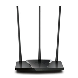 Black WiFi router with three external antennas on a white background front LEDs visible