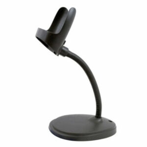 JFM Technology Flexible black gooseneck desk mount with a clip style holder at the end and a round weighted base