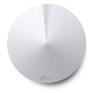 Round white TP Link wireless access point with a small blue status light at the center on a white background