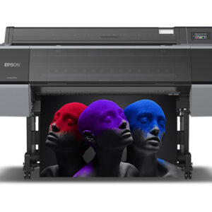 JFM Technology Wide format epson printer producing a large art print of three faces in red purple and blue on a dark background