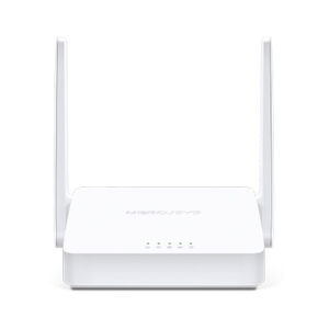 White wireless router with two tall antennas on a white background and front LED indicators