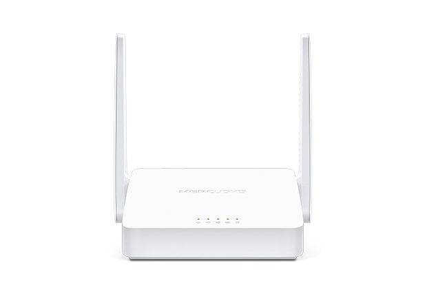 JFM Technology White wireless router with two tall antennas on a white background and front LED indicators