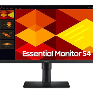 JFM Technology Samsung monitor on a stand displaying bright geometric wallpaper with the text Essential Monitor S4