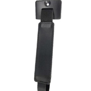 Black leather strap with a padded center and a square metal mounting plate at the top likely a camera or bag strap used to carry or attach items