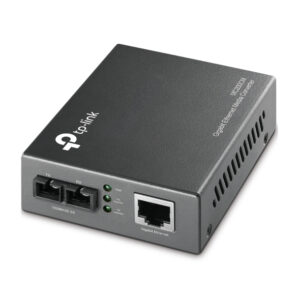 TP Link Gigabit Ethernet media converter box with two RJ 45 ports labeled TX and RX and a separate network port on the front panel