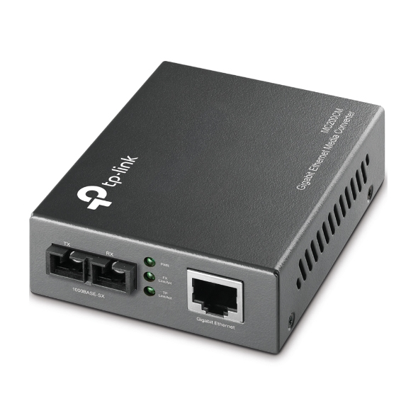 JFM Technology TP Link Gigabit Ethernet media converter box with two RJ 45 ports labeled TX and RX and a separate network port on the front panel