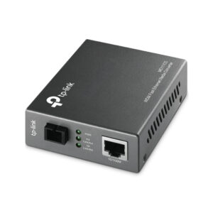 TP Link PoE injector device with power input and one Ethernet port 10100M shown from an angled perspective