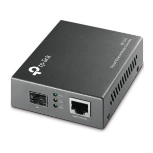 Compact TP Link network appliance with one SFP port and one Ethernet port several status LEDs used to connect or bridge network links